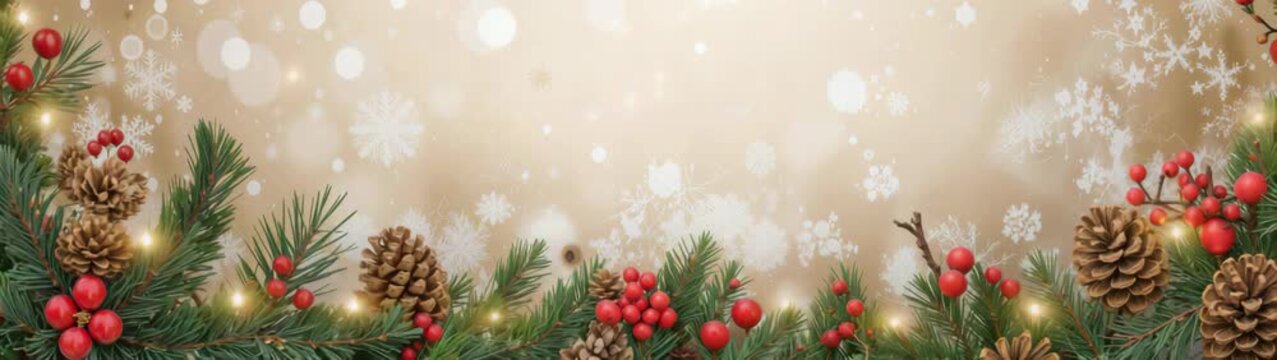 Festive winter border with pine cones and berries background.