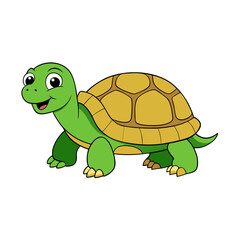 A happy cartoon green turtle with a yellow shell walking forward silhouette isolated on white background