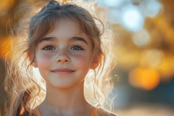A young girl smiles brightly in a sunlit park during autumn, capturing the warmth of the season
