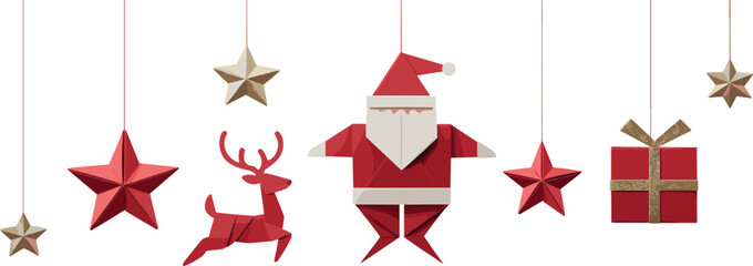 Origami Christmas illustration, festive holiday decorations, Santa reindeer gift box icons, geometric seasonal artwork, decorative paper art Christmas design set