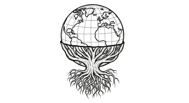 Illustration of a globe supported by tree roots, symbolizing environmental awareness and the interconnectedness of nature