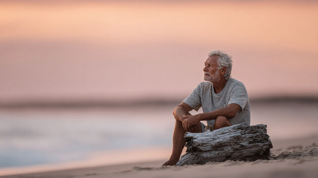 Contemplative senior man sits on driftwood at sunset, gazing at the ocean. Evokes reflection, peace, and coastal lifestyle. Ideal for travel or wellness themes. - Powered by Adobe