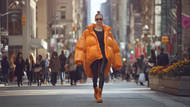 Model in a huge orange puffer jacket walks.