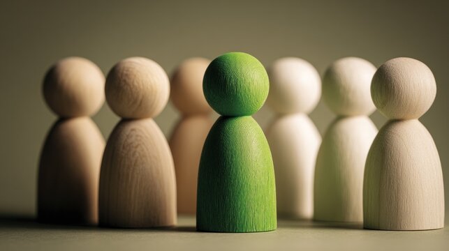 A single green wooden figure stands out amongst a row of beige and off-white figures against a muted background, symbolizing individuality and difference