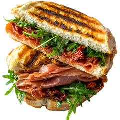 Gourmet Panini with Prosciutto, Arugula, and Sun-Dried Tomatoes, isolated on transparent background, Food Photography, Italian Style, Delicious, Fresh