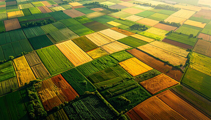 Aerial view of farmland mosaic patchwork at harvest time, vibrant greens and browns, high-contrast light, abstract pattern from above