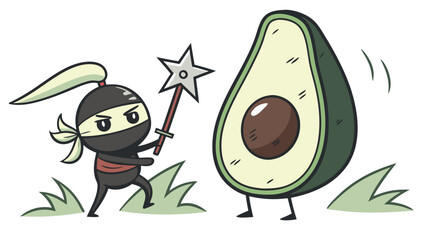 Cartoon Ninja Duel A Determined Warrior Faces a Stoic Avocado Opponent