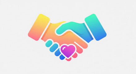Colorful handshake illustration with a heart, symbolizing partnership, agreement, love, and collaboration in a modern design