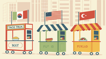 Colorful Street Food Stalls with National Flags