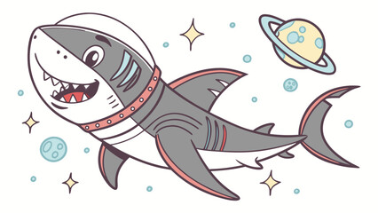 Naklejka premium Cartoon Shark Astronaut with Saturn Stars and Moons in Space