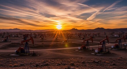 Oil field at sunset with pump jacks and dramatic sky