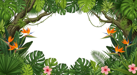 Jungle foliage frame with tropical flowers isolated on transparent background