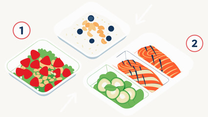 Isometric View of Two Healthy Meal Preps with Salad Salmon and Rice
