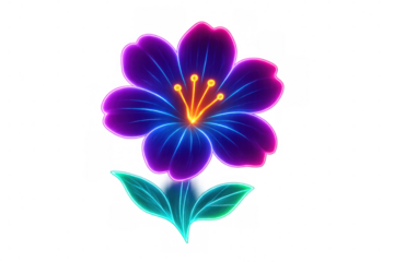 Glowing neon flower displaying vibrant purple and blue petals with luminous green leaves, transparent background