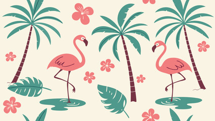 Playful Flamingo Pattern with Palm Trees and Tropical Floral Elements