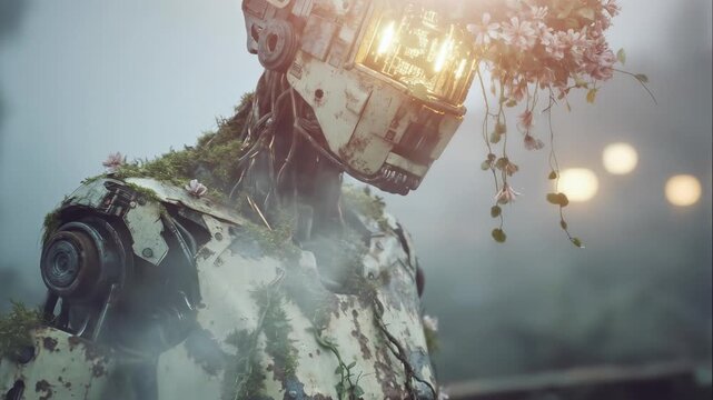 Forgotten robot overgrown with flowers and moss.
