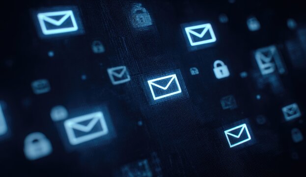 Abstract digital email icons, security symbols, dark background