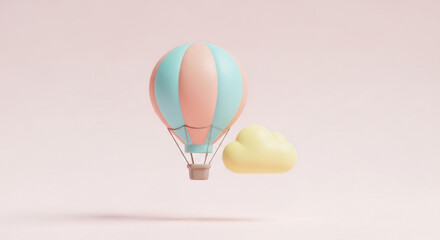 Pastel hot air balloon and cloud, a whimsical 3d render for dreams, travel, and imagination with soft, dreamy colors