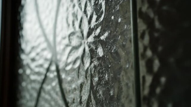 Textured glass window panel with subtle floral pattern, translucent