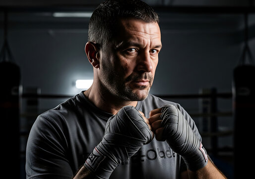 Closeup portrait of a determined male boxer with boxing gloves on, looking intensely at the camera in a boxing gym, showcasing strength, focus, and athletic training - Powered by Adobe