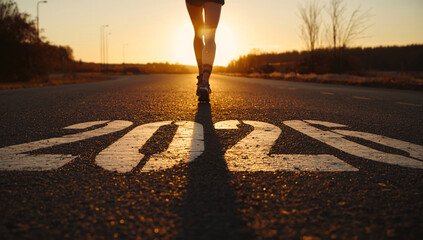 Start strong new year fitness goals on road toward sunny horizon dawn
