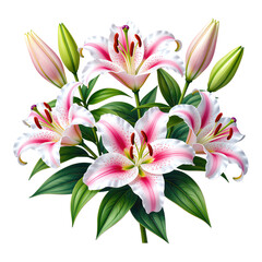 Pink Lily Blooms with Green Leaves on Transparent Background, Watercolor Illustration for Branding