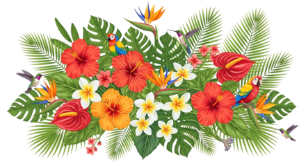 Tropical floral arrangement with parrots and hummingbirds isolated on transparent background