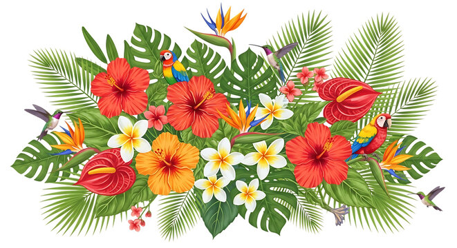 Tropical floral arrangement with parrots and hummingbirds isolated on transparent background