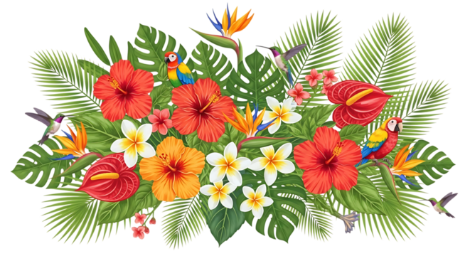 Tropical floral arrangement with parrots and hummingbirds isolated on transparent background - Powered by Adobe