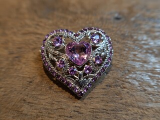 Sparkling Silver Heart-Shaped Brooch Adorned with Amethyst Gems on Warm Wood Surface, Close-Up of Elegant Jewelery Accessory for Fashion and Adornment