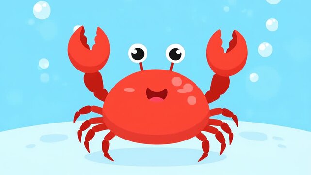 Cartoon crab with raised claws on a light blue background.