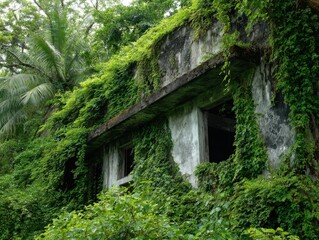 Overgrown concrete structure with large windows, completely enveloped by dense green vines and lush tropical foliage, symbolizing nature's reclamation of abandoned spaces.