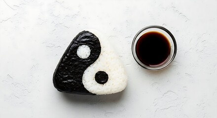 Creative Onigiri (Japanese rice ball) shaped into a Yin Yang symbol using white rice and nori (seaweed), served with a dipping bowl of soy sauce on a textured white surface. Asian food art.