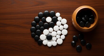 The classic game of Go stones arranged to form a perfect Yin Yang symbol, with a wooden bowl of extra stones on a polished cherry wood surface. Strategy, balance, and Chinese culture concept.