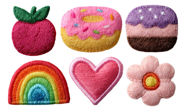 Colorful Embroidered Patches Set Featuring Fun Shapes and Themes on Transparent Background