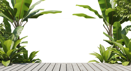 Blank white square framed by lush green tropical foliage on wooden planks isolated on transparent background