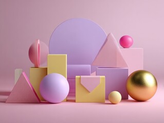 Abstract Geometric Shapes Composition Pastel Colored Spheres Cubes Triangles Cylinders Modern Minimalist Still Life Display