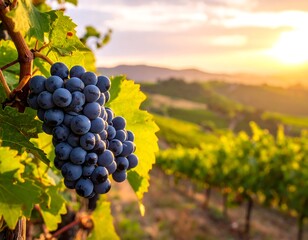 Fototapeta premium Close-up of a bunch of ripe dark grapes on the vine, golden hour illuminating a lush vineyard, hills blurred in the distance