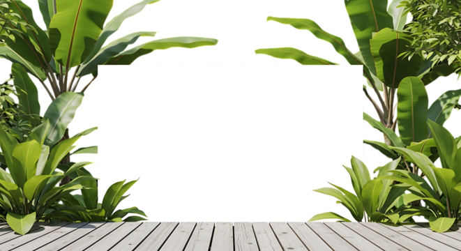 Blank white square framed by lush green tropical foliage on wooden planks isolated on transparent background