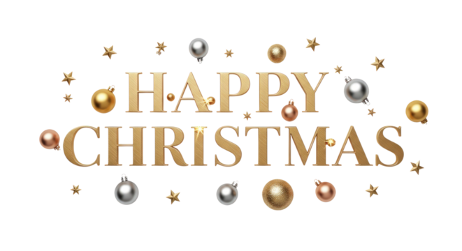 Elegant Happy Christmas golden text with ornaments and stars for holiday greeting design needs now