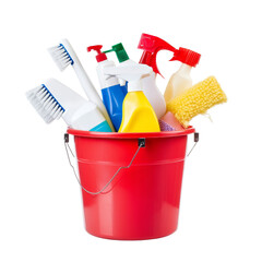 Red bucket filled with cleaning supplies spray bottles, brushes, sponge. Isolated on transparent background. Cleanliness, Household, Hygiene