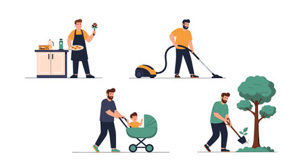 Fathers taking care of household chores and family.