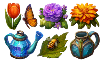 Colorful Elements of Nature Including Flowers, Insects, and Garden Tools on Transparent Background