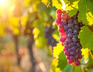 Fototapeta premium Close-up of a bunch of ripe grapes with green leaves in a vineyard, bathed in warm sunlight, with blurred background
