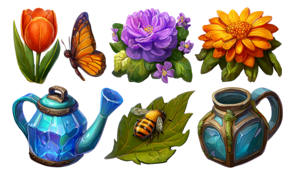 Colorful Elements of Nature Including Flowers, Insects, and Garden Tools on Transparent Background
