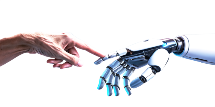 Close-up of a robot hand holding a glass of water with a red and blue cable against an isolated white background