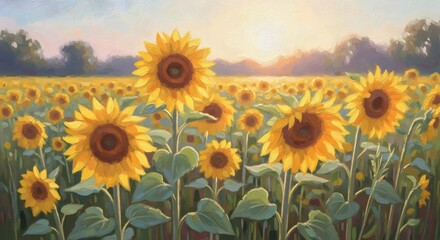Obraz premium Golden Sunflower Field at Sunset: Vibrant Floral Landscape Painting with Sunlit Horizon and Rustic Charm