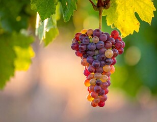 Fototapeta premium Close-up of a bunch of ripe grapes, with varied colors, hanging on the vine, sunlight through leaves