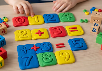 Childs hands arranging colorful playdough numbers and math symbols on a wooden table, illustrating early childhood education and learning