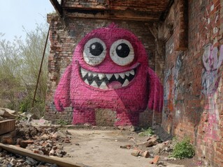 Urban Art Monster: A Large, Happy Pink Monster Mural Adorns a Dilapidated Brick Wall in an Abandoned Building, Bringing Whimsy to Urban Decay